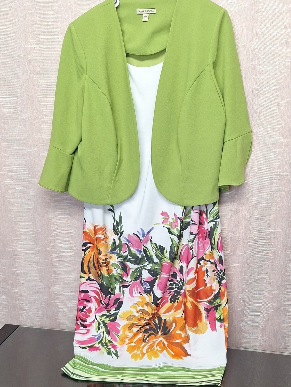 Maya Brooke Lime Green Cropped Jacket with Floral Midi Dress